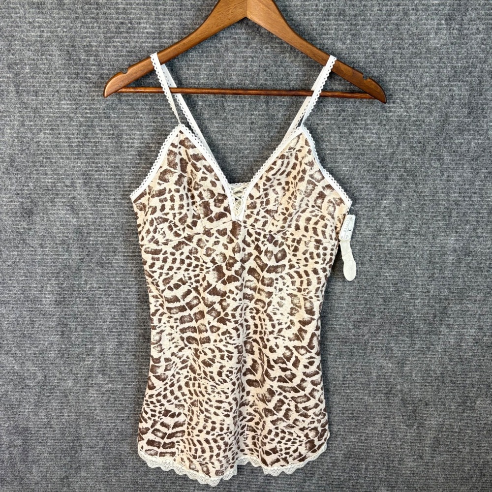Y2K Leopard Print Lace Trim Camisole Brown Animal Print Cami Tank Size Large